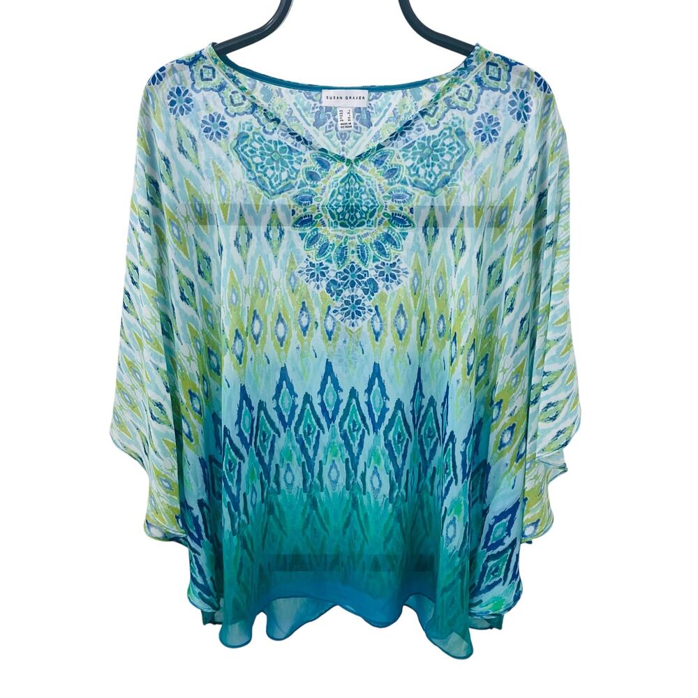 Susan Graver Sheer Chiffon Tunic Top Size L Blue Green Ikat Geometric V-Neck